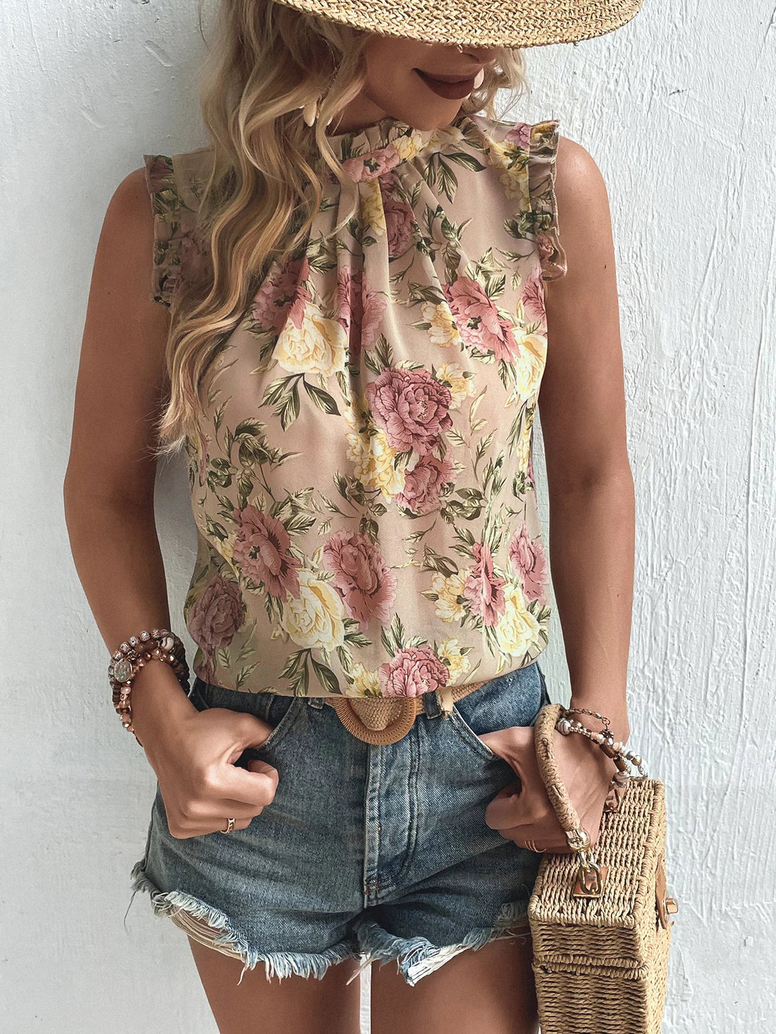 Blusa Encanto Floral sin Mangas con Escote Llave en la Espalda VCAY