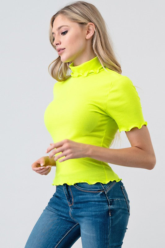 Blusa Casual Lime Manga Corta y Cuello Alto