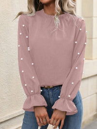 Thumbnail for Blusa Elegante Rosa con Mangas de Campana y Detalles de Perlas