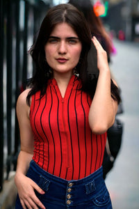 Thumbnail for Body Cuello Alto Negro con Lineas Verticales Rojo y Negro