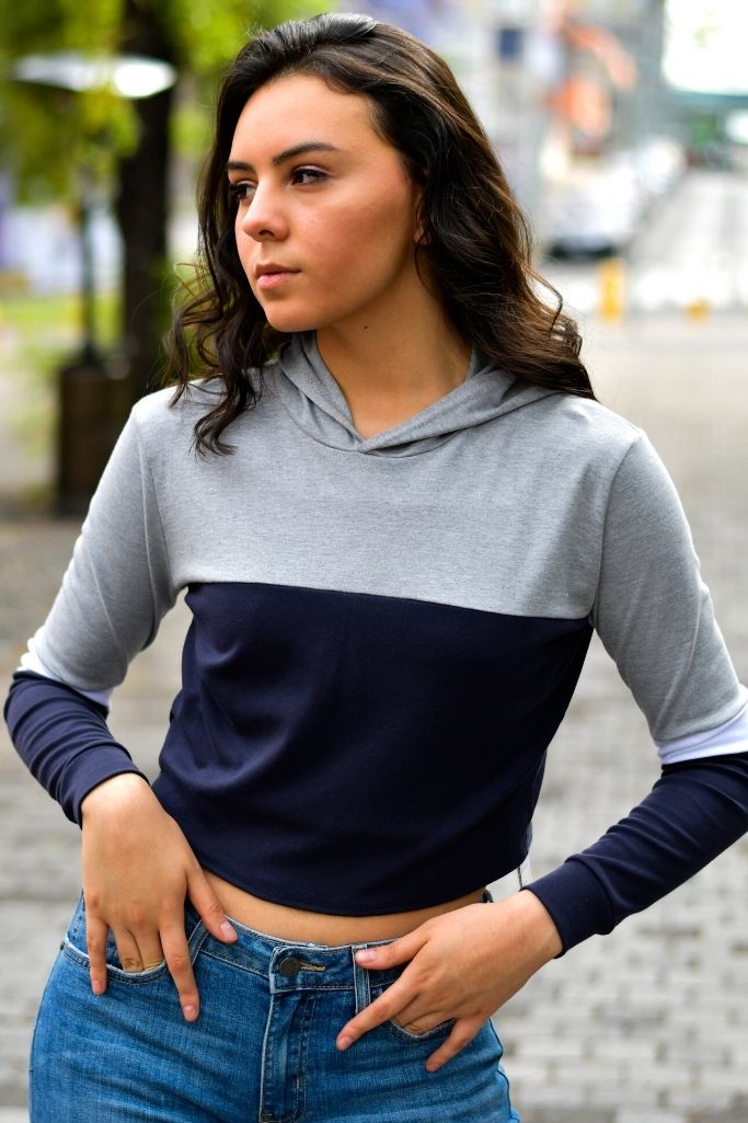 Blusa Casual Manga Larga con Hoodie Azul y Gris Claro