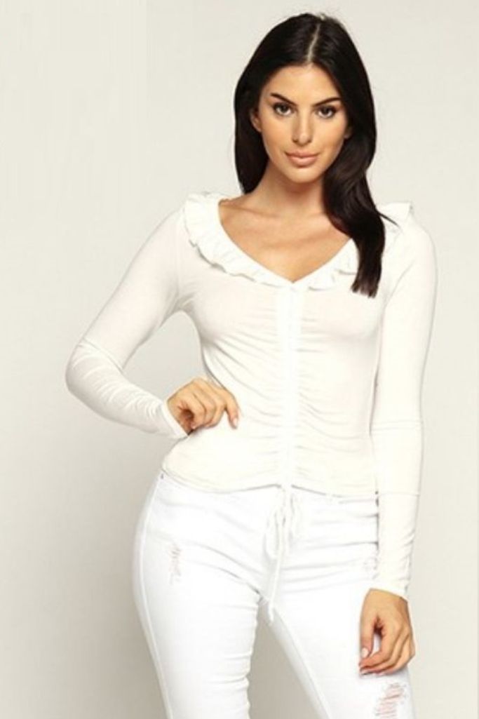 Blusa Strech Blanca Rib Frontal Flecos al Cuello