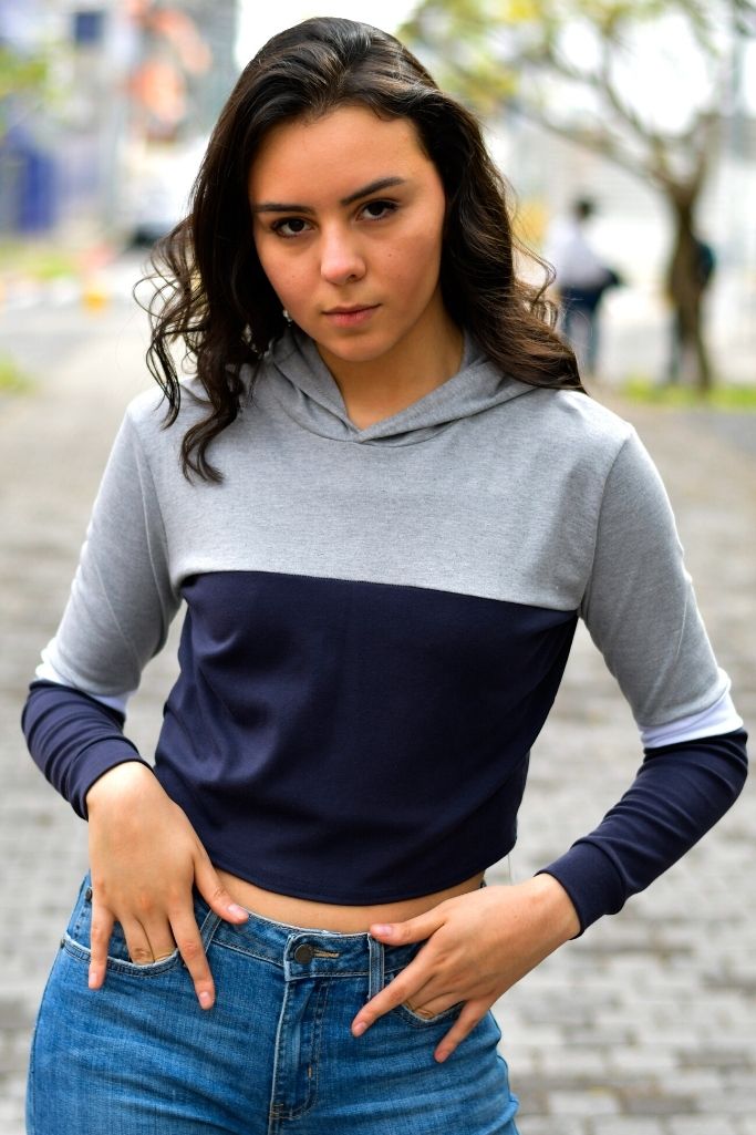 Blusa Casual Manga Larga con Hoodie Azul y Gris Claro