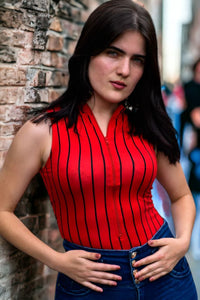 Thumbnail for Body Cuello Alto Negro con Lineas Verticales Rojo y Negro