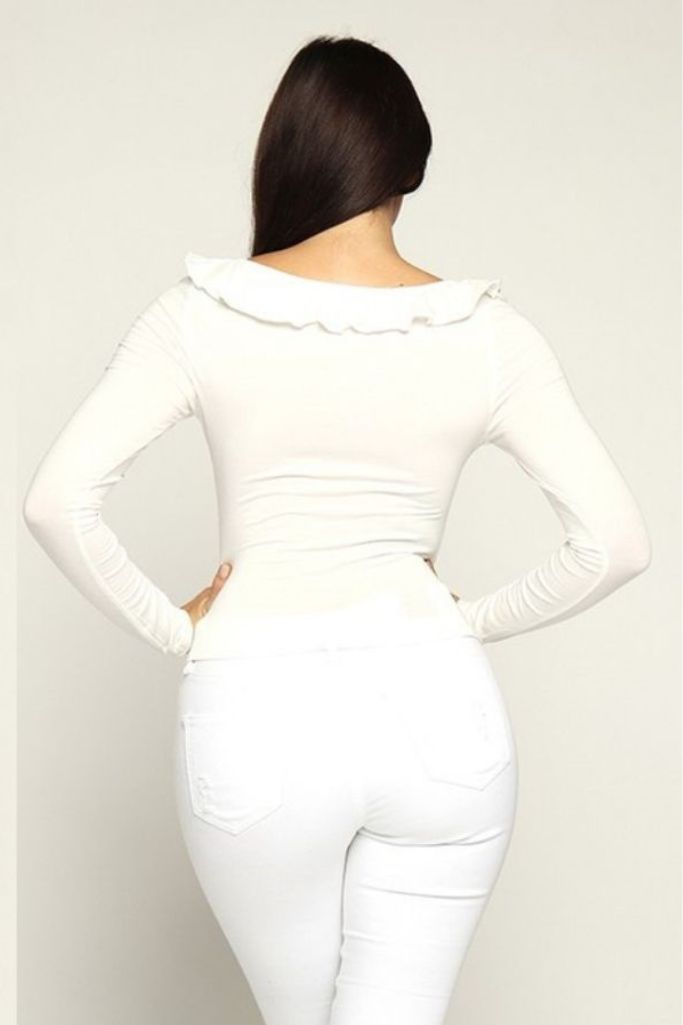 Blusa Strech Blanca Rib Frontal Flecos al Cuello
