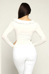 Thumbnail for Blusa Strech Blanca Rib Frontal Flecos al Cuello