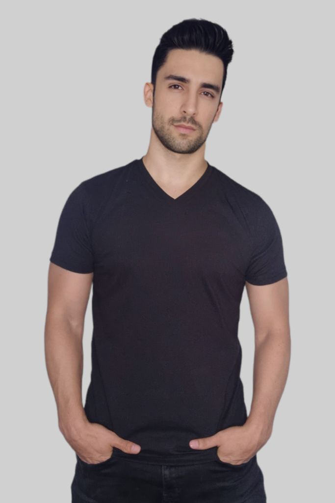Playera de Algodon Cuello "V" Manga Corta Negra