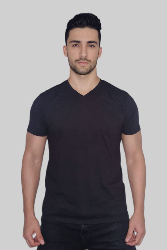 Playera de Algodon Cuello "V" Manga Corta Negra