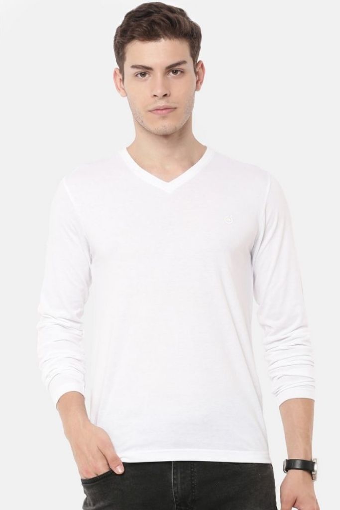 Playera cuello "V" manga larga blanca de algodón para hombres