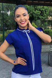 Thumbnail for Blusa Azul de Moño Blanco al Cuello