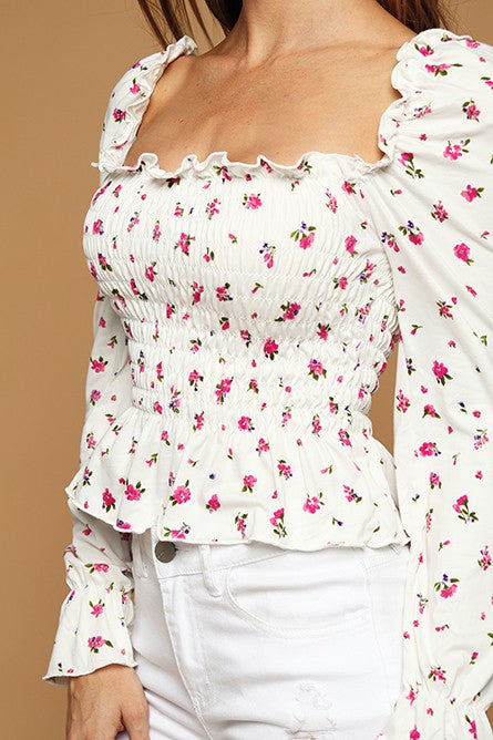 Blusa Ribbed de Flores Cuello Cuadrado Manga larga