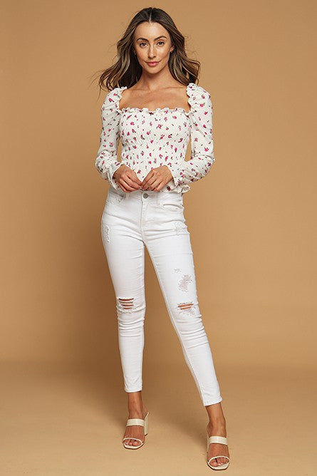 Blusa Ribbed de Flores Cuello Cuadrado Manga larga