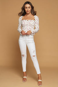 Thumbnail for Blusa Ribbed de Flores Cuello Cuadrado Manga larga
