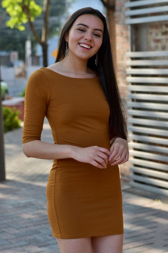 Vestido Terracota Cuello Redondo Manga Larga
