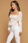 Blusa Ribbed de Flores Cuello Cuadrado Manga larga